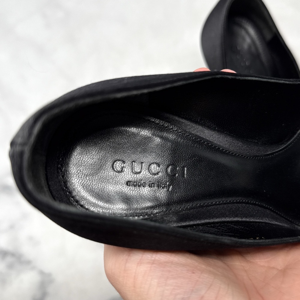 GUCCI Silk Satin Horsebit Swarovski Crystal Embellished Open Toe Pump Heel Black - Picture 9 of 15